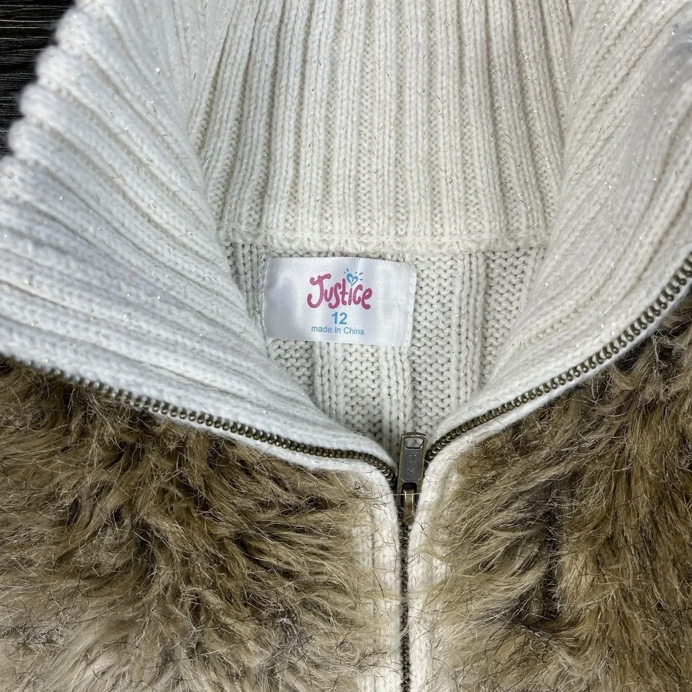 Justice Girls Faux Fur Sweater Full Zip‎ Mock Vest Size 12 Cream Y2K Boho Shaggy